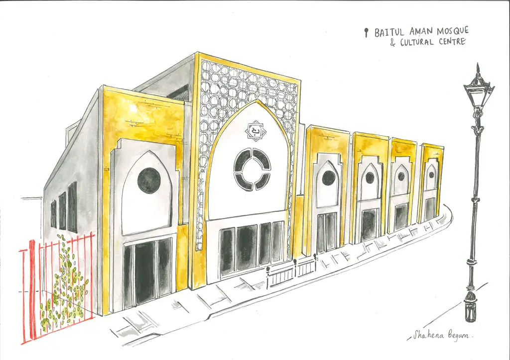 Baitul Aman Mosque, 2024. Watercolour, Pen on Paper.